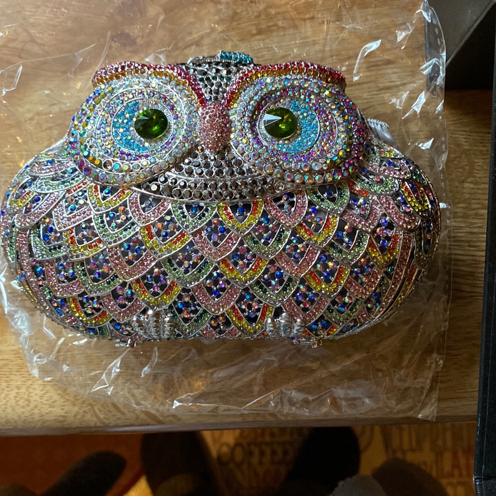 Jeweled owls face dinner bag